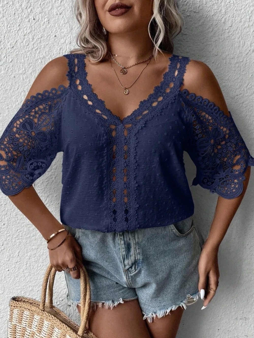 Navy  Blue Lace Cold-Shoulder V-Neck Blouse